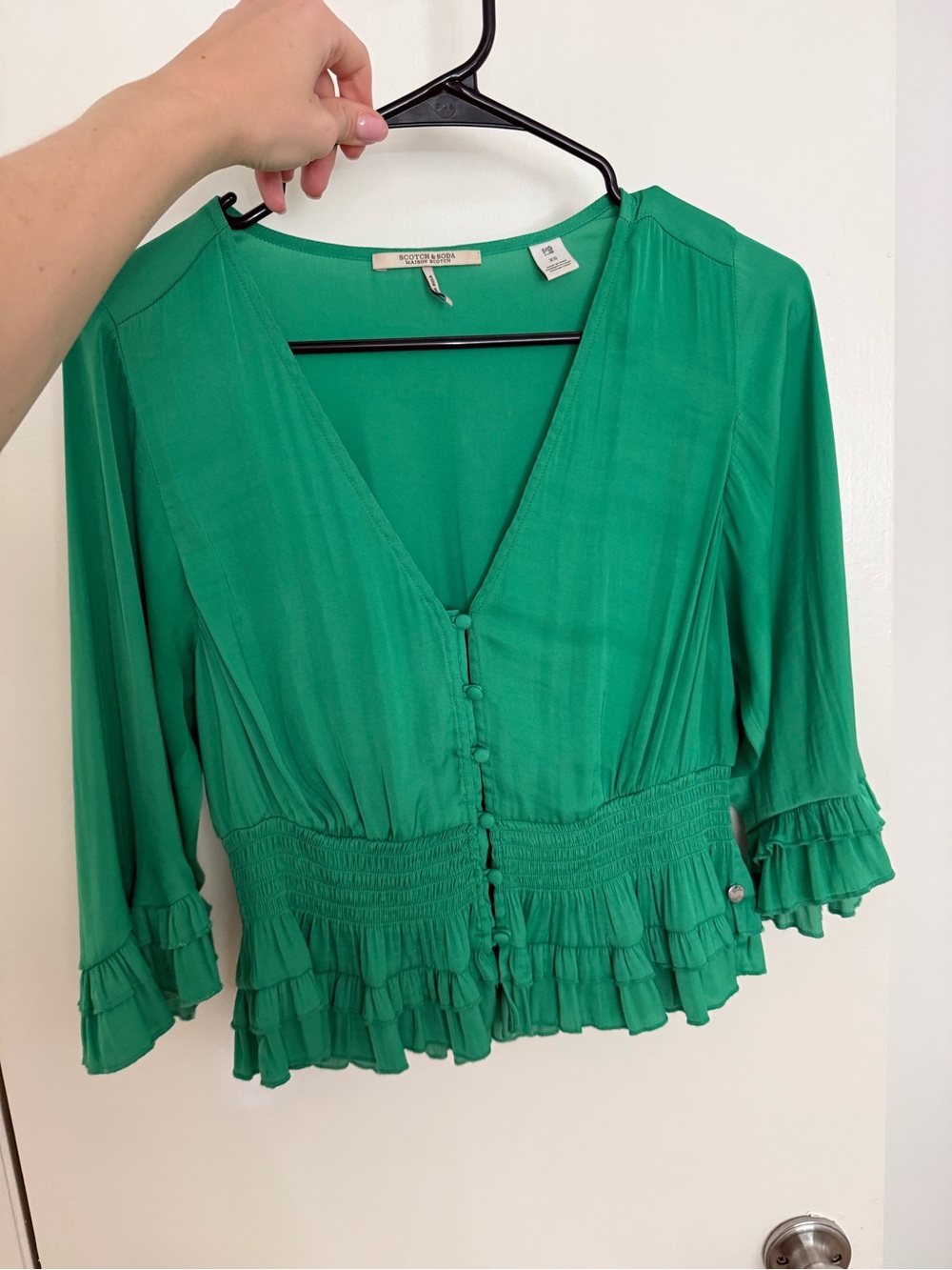 Scotch & Soda Green Ruffle V-Neck Blouse XS